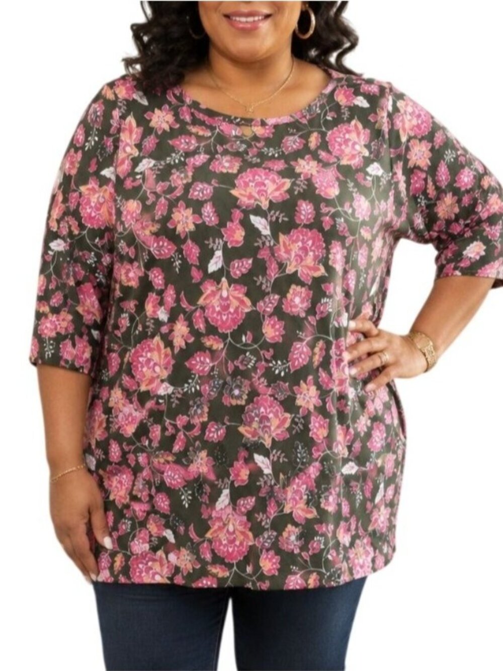 Kim Rogers Plus Size 2X Top Floral Print Green Pink 3/4 Sleeve 100% Cotton